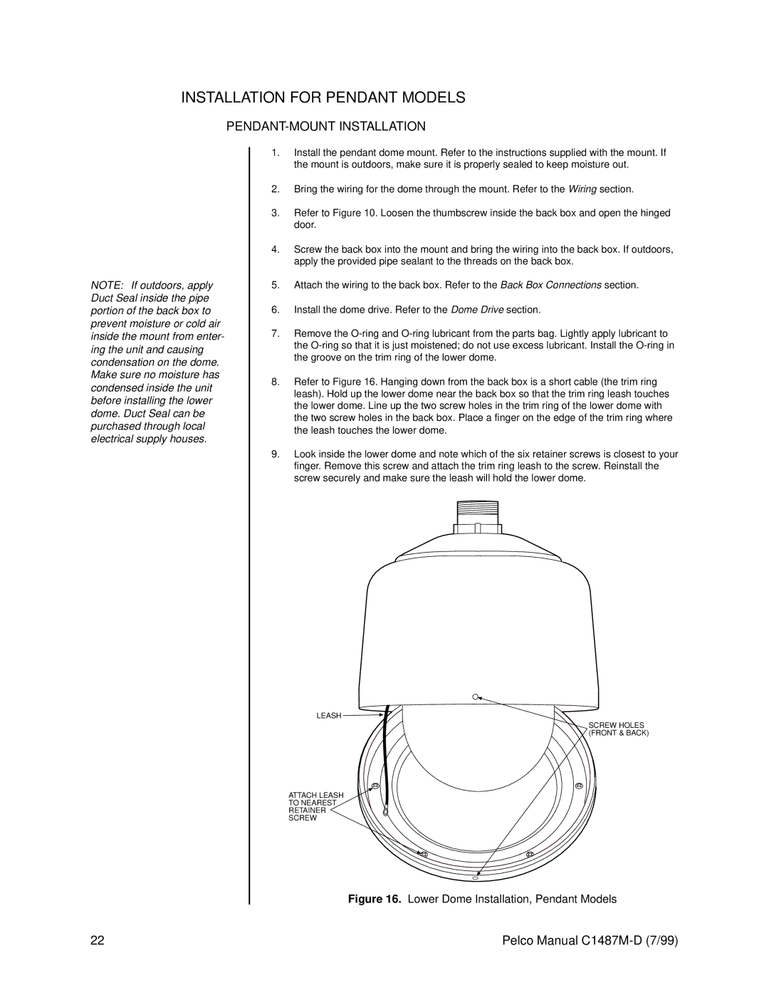 Pelco C1487M-D operation manual Installation for Pendant Models, PENDANT-MOUNT Installation 