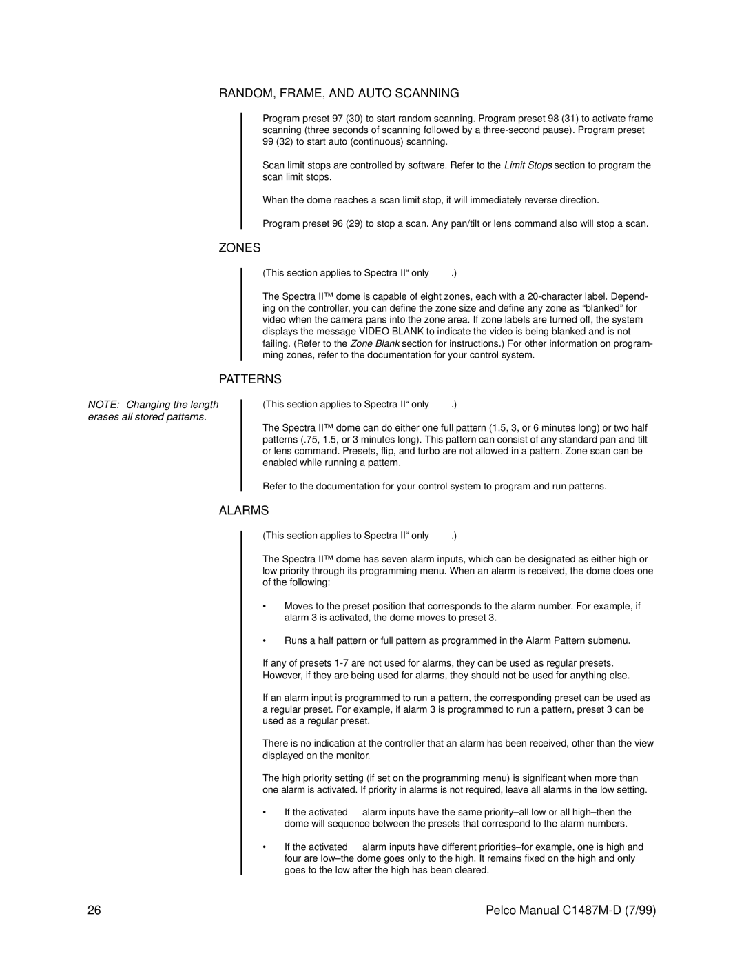 Pelco C1487M-D operation manual RANDOM, FRAME, and Auto Scanning, Zones, Patterns, Alarms 