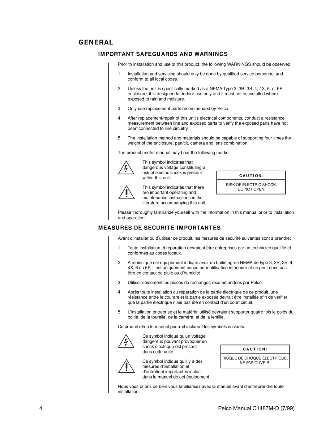 Pelco C1487M-D operation manual General, Important Safeguards and Warnings, Measures DE Securite Importantes 