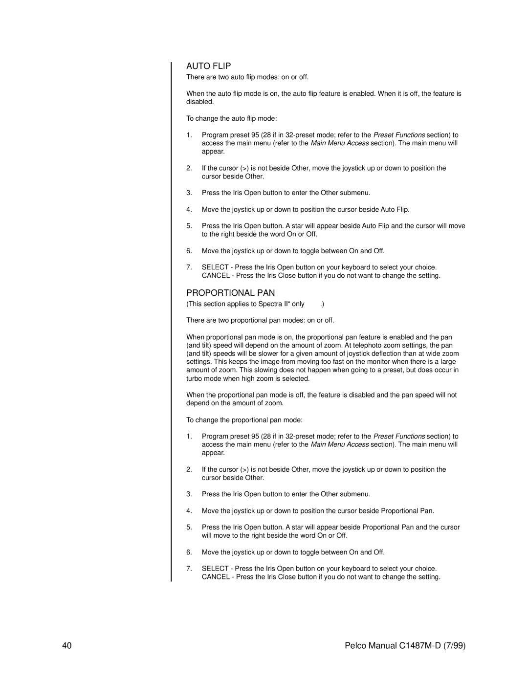 Pelco C1487M-D operation manual Auto Flip, Proportional PAN 
