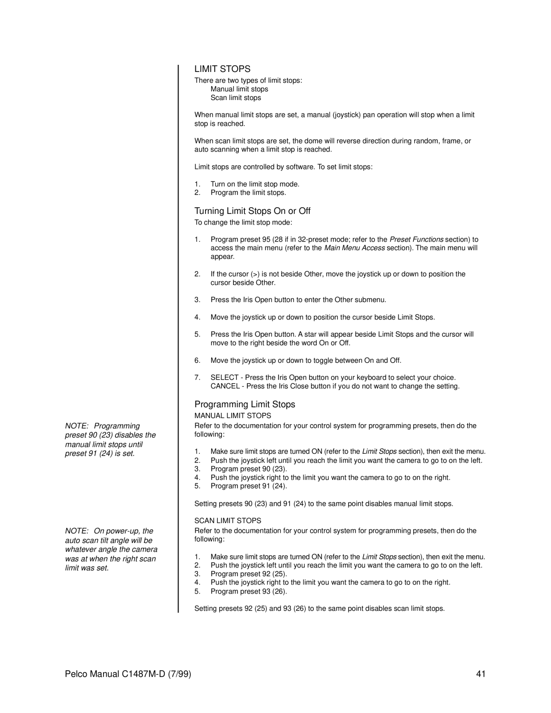 Pelco C1487M-D operation manual Turning Limit Stops On or Off 