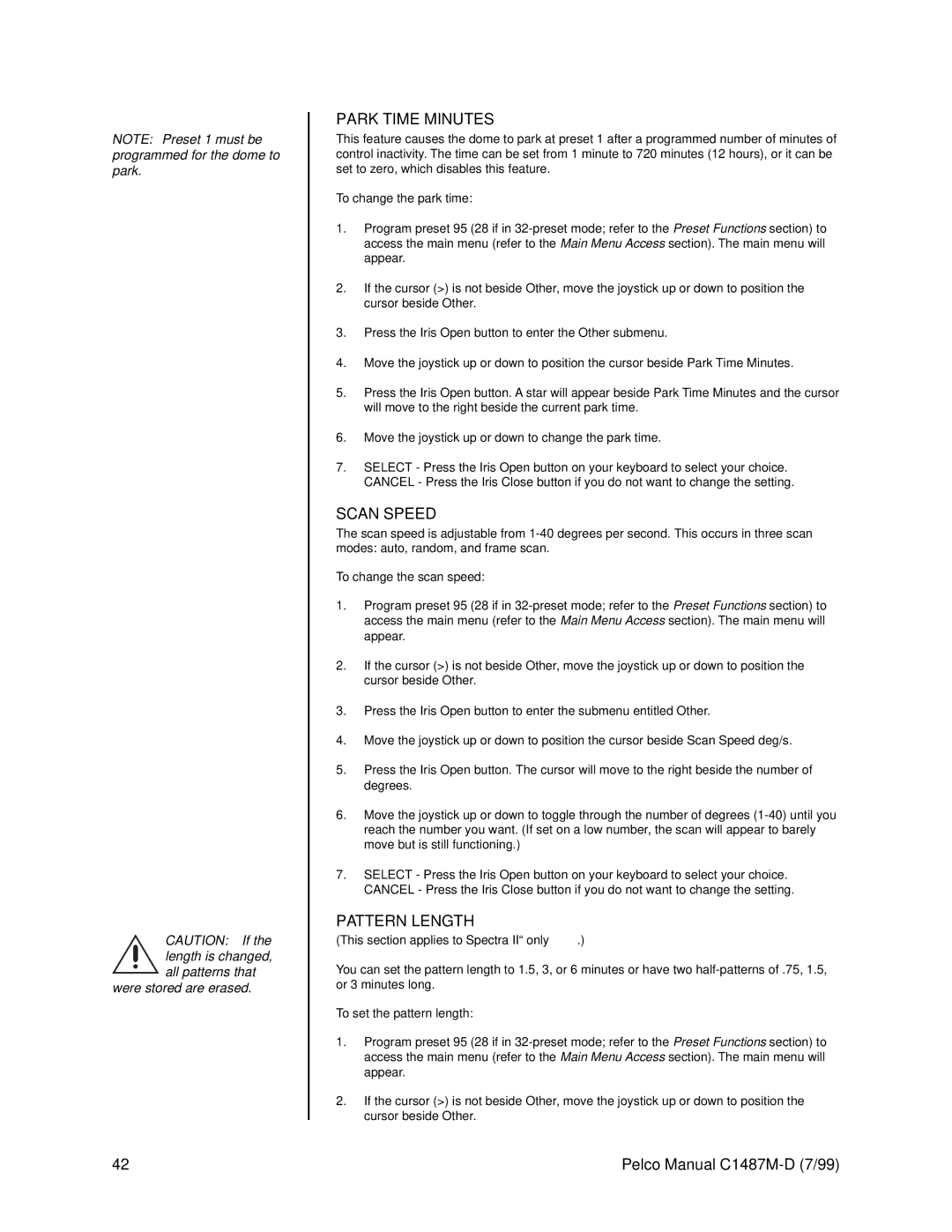 Pelco C1487M-D operation manual Park Time Minutes, Pattern Length 