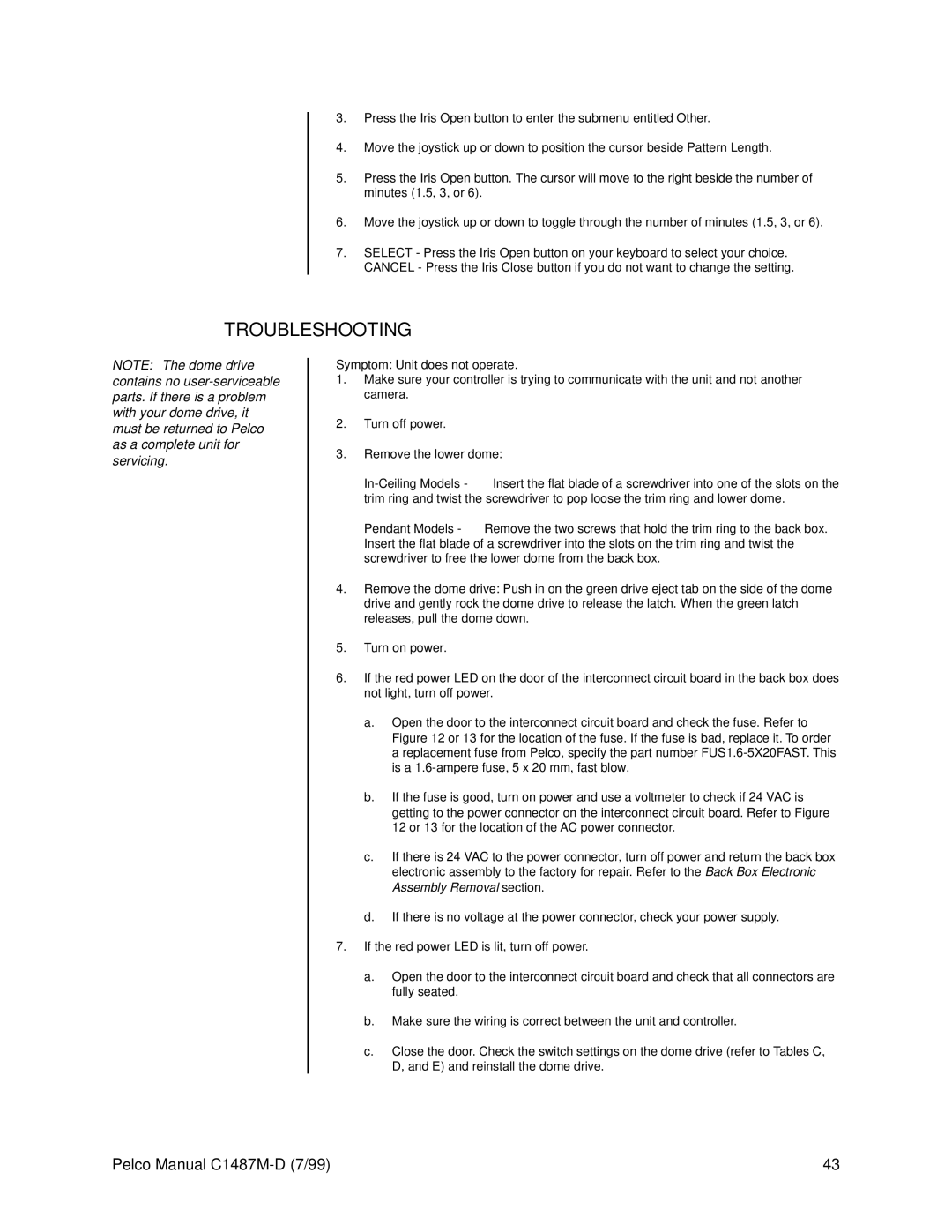 Pelco C1487M-D operation manual Troubleshooting, Symptom Unit does not operate 