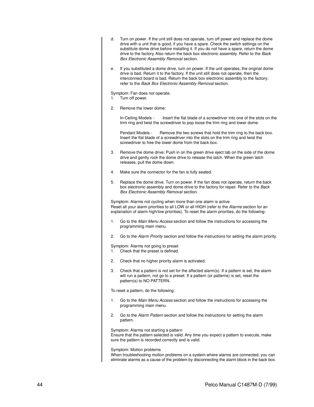 Pelco C1487M-D Symptom Fan does not operate, Symptom Alarms not going to preset, Symptom Alarms not starting a pattern 