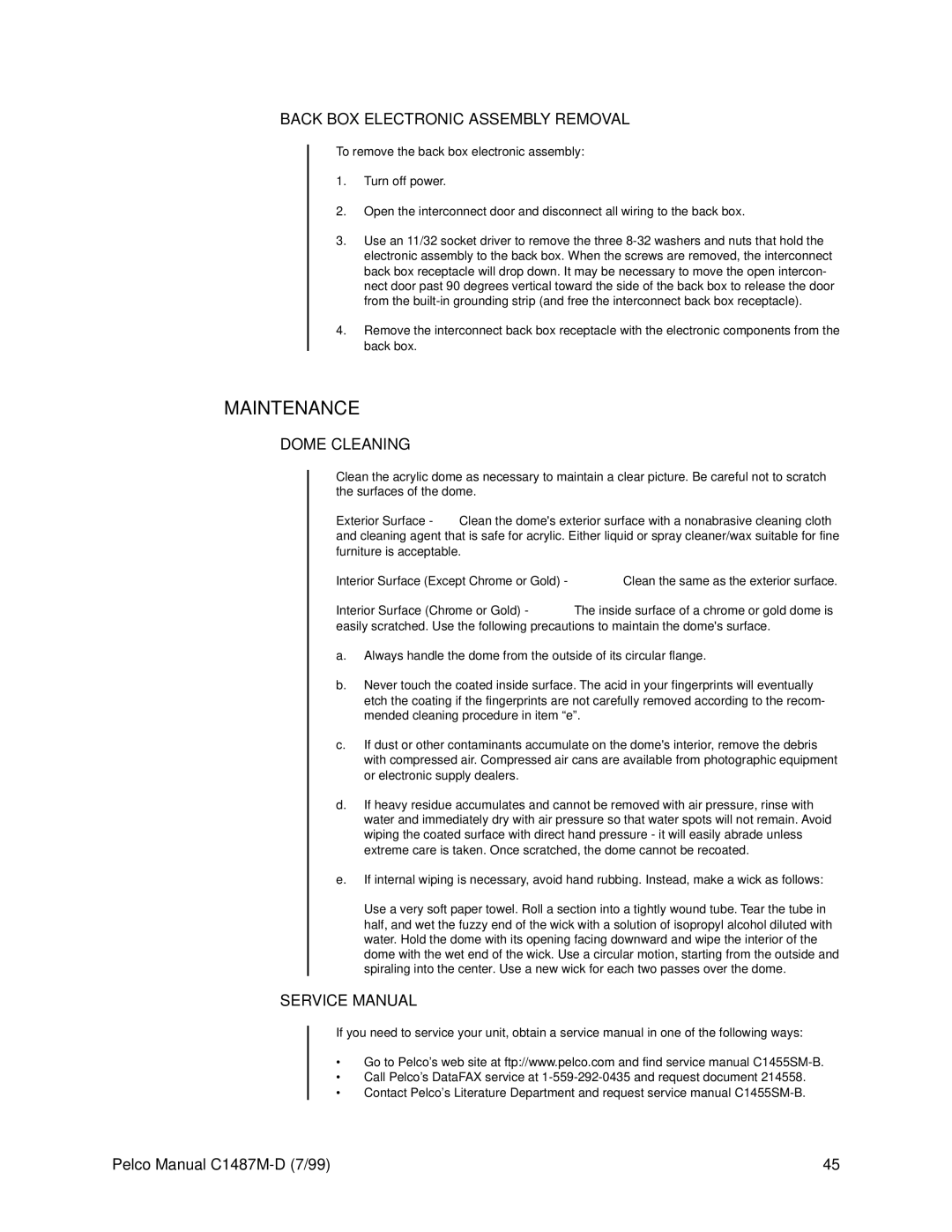 Pelco C1487M-D operation manual Maintenance, Back BOX Electronic Assembly Removal, Dome Cleaning 