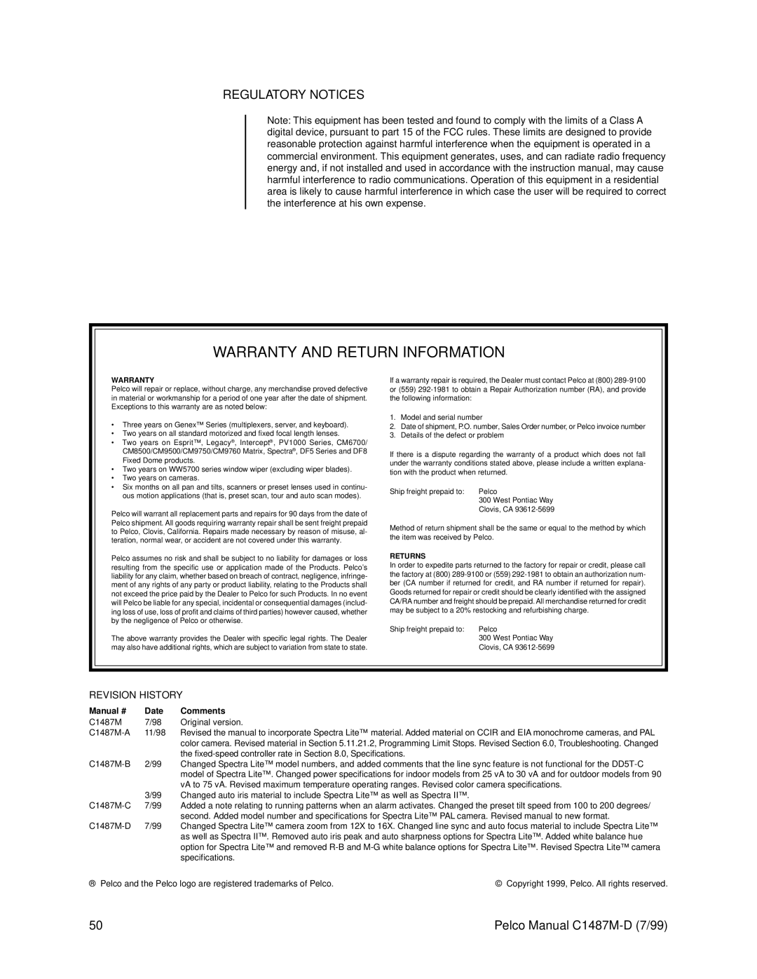 Pelco C1487M-D operation manual Warranty and Return Information, Regulatory Notices 