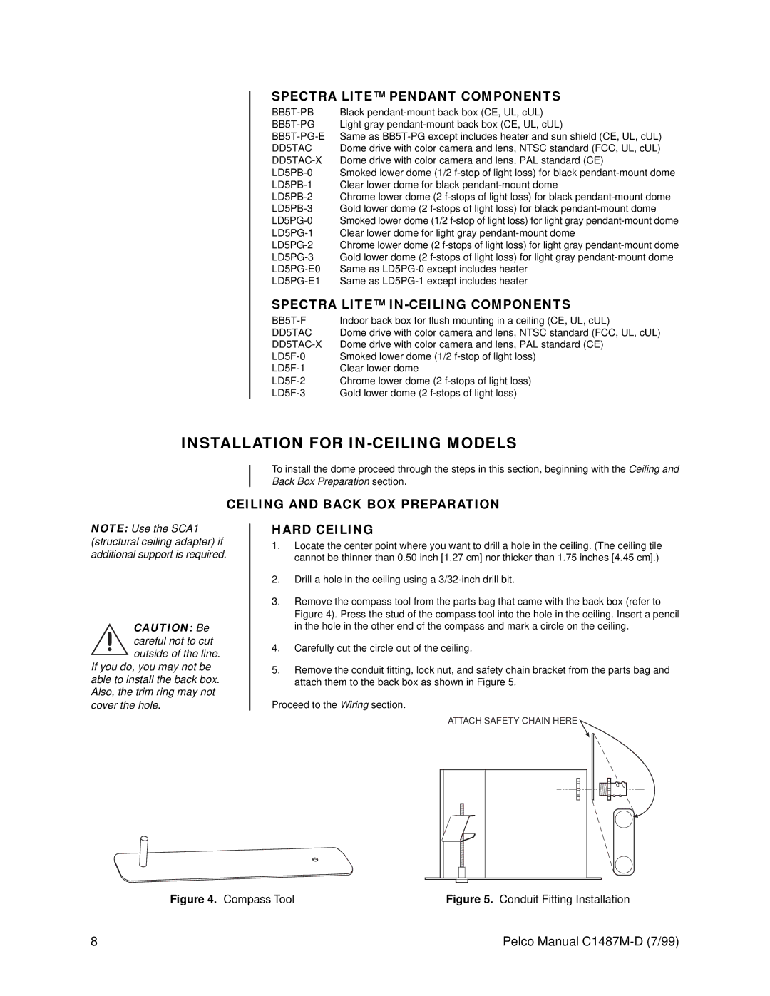 Pelco C1487M-D Installation for IN-CEILING Models, Spectra Lite Pendant Components, Spectra Lite IN-CEILING Components 