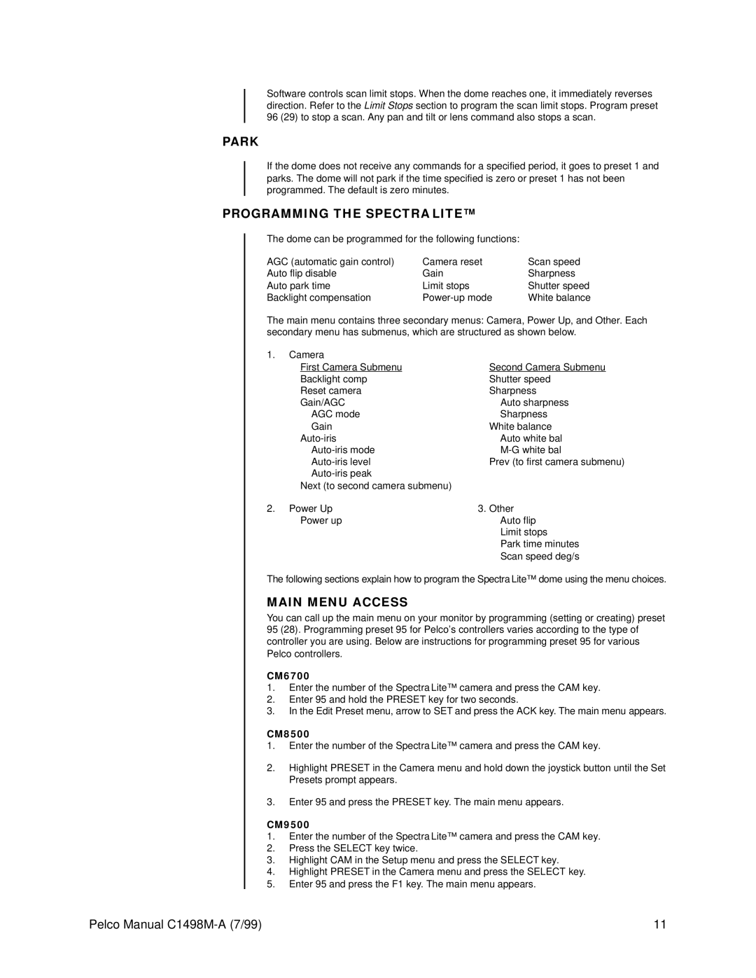 Pelco C1498M-A operation manual Park, Programming the Spectra Lite, Main Menu Access 