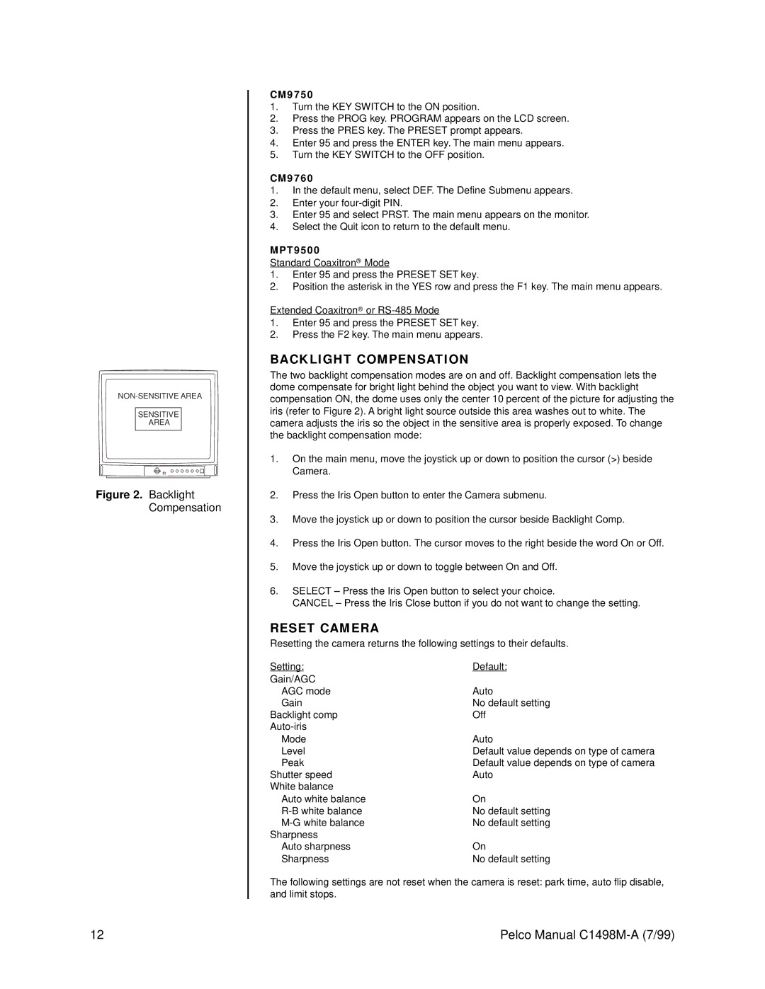 Pelco C1498M-A operation manual Backlight Compensation, Reset Camera, CM9750, CM9760, MPT9500 