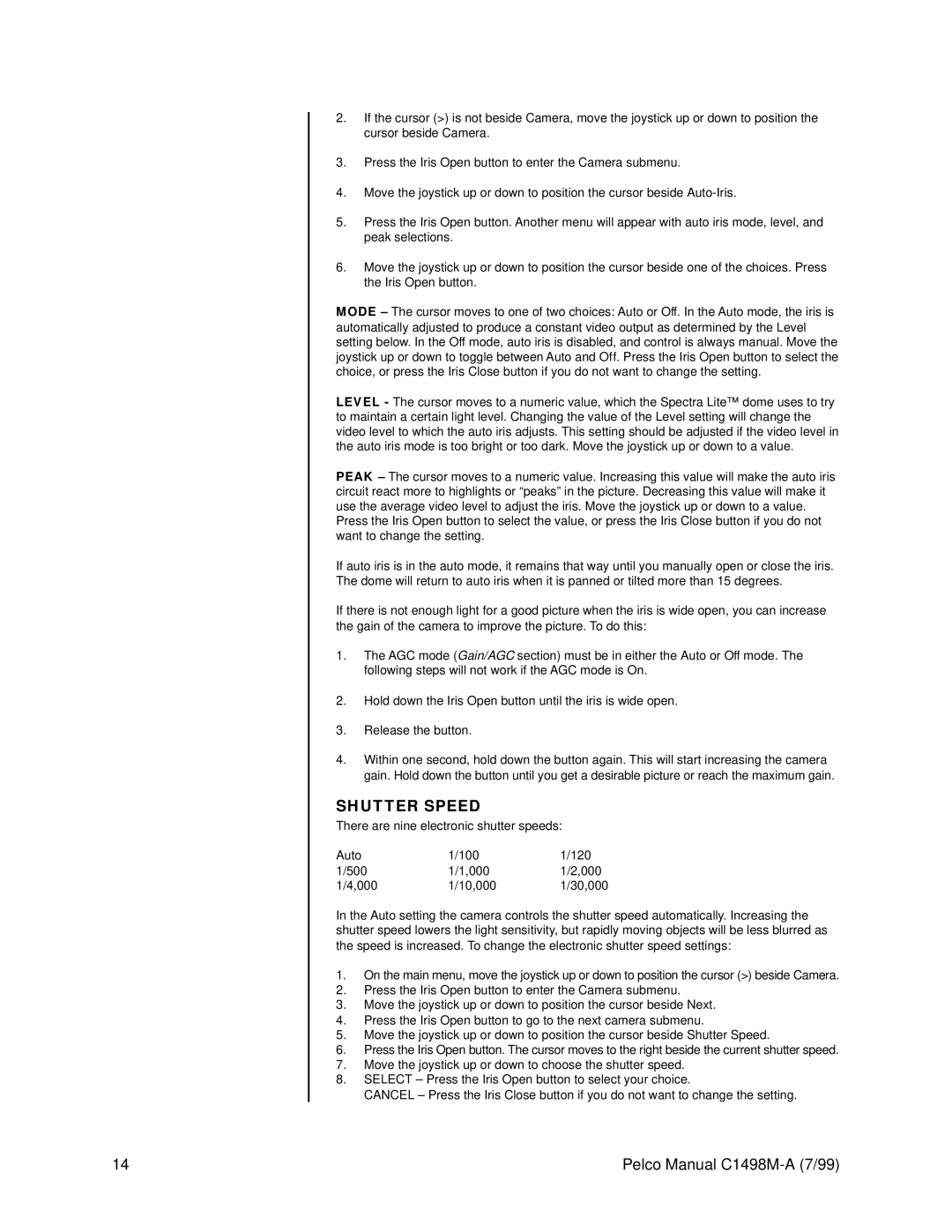 Pelco C1498M-A operation manual Shutter Speed 