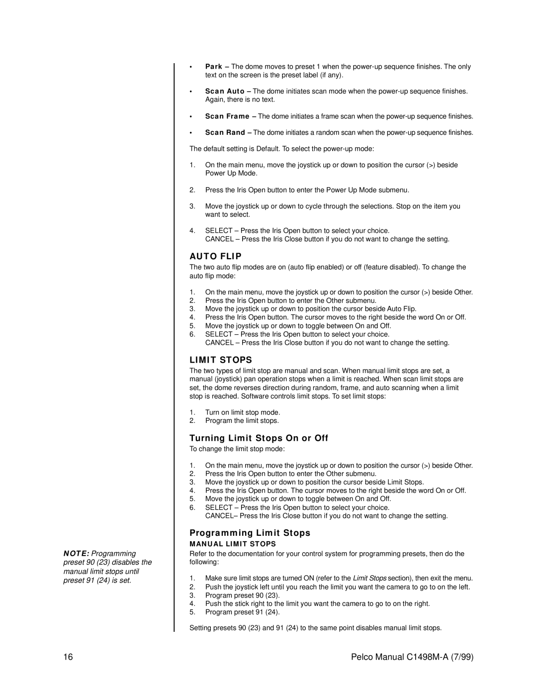 Pelco C1498M-A operation manual Manual Limit Stops 