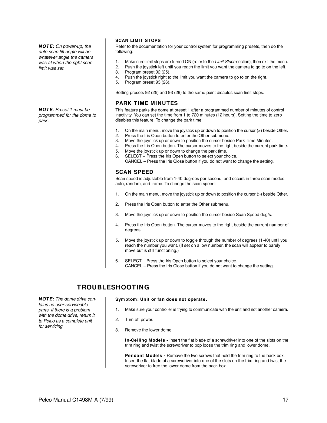 Pelco C1498M-A operation manual Troubleshooting, Park Time Minutes, Scan Limit Stops, Symptom Unit or fan does not operate 