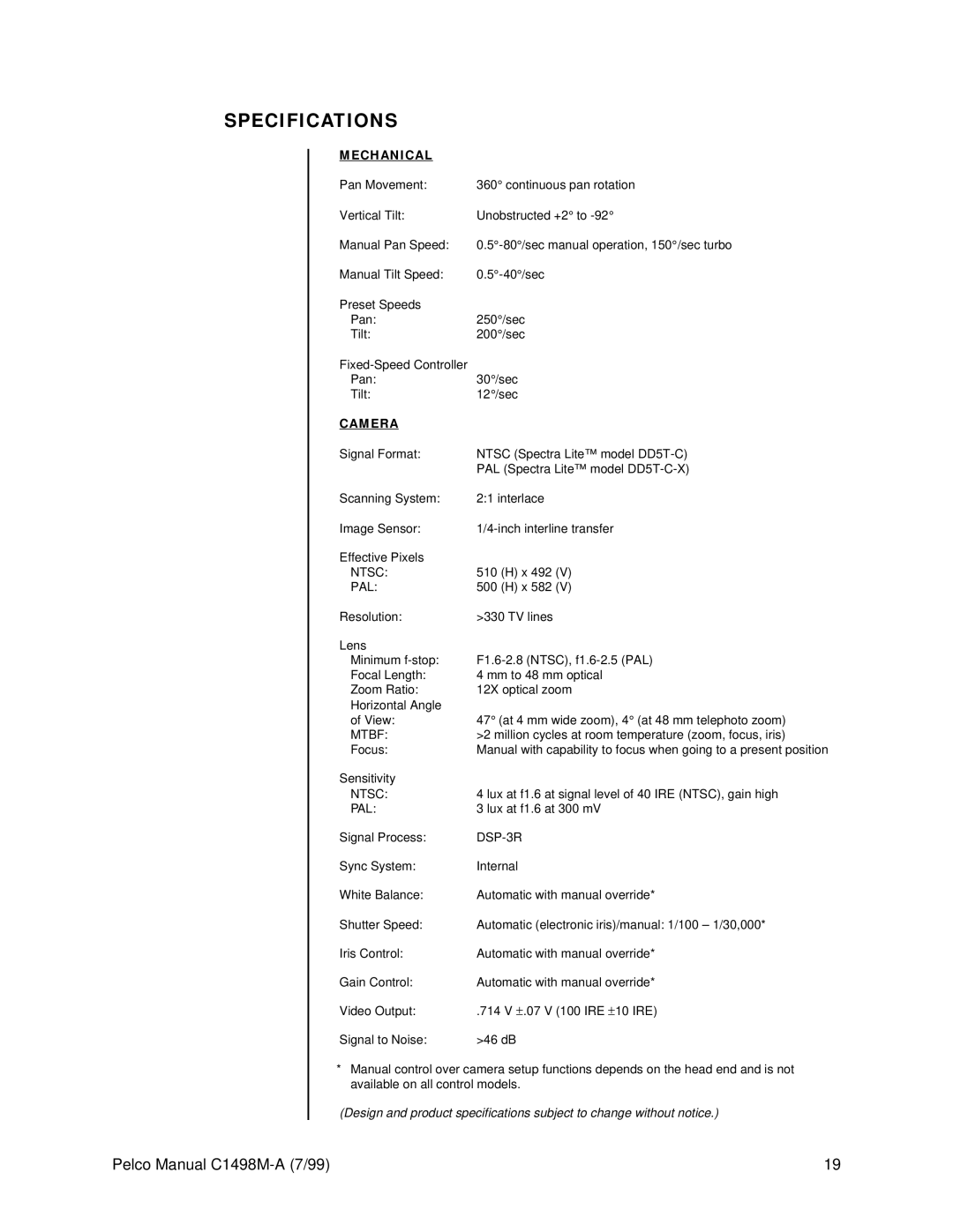 Pelco C1498M-A operation manual Specifications, Mechanical, Camera 