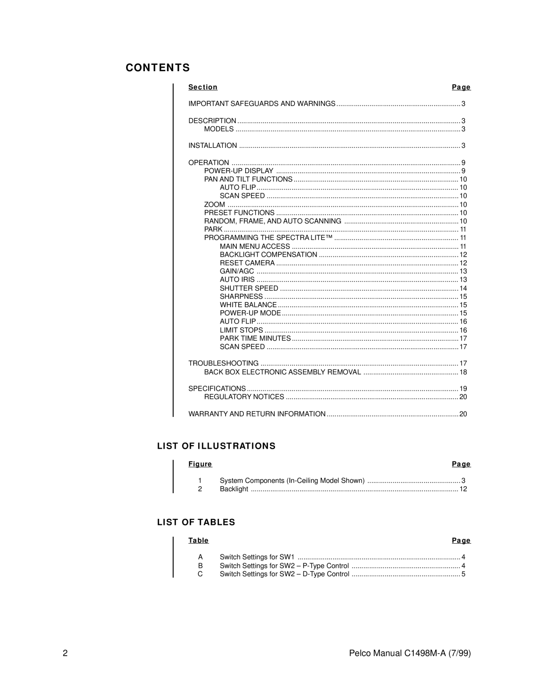 Pelco C1498M-A operation manual Contents 