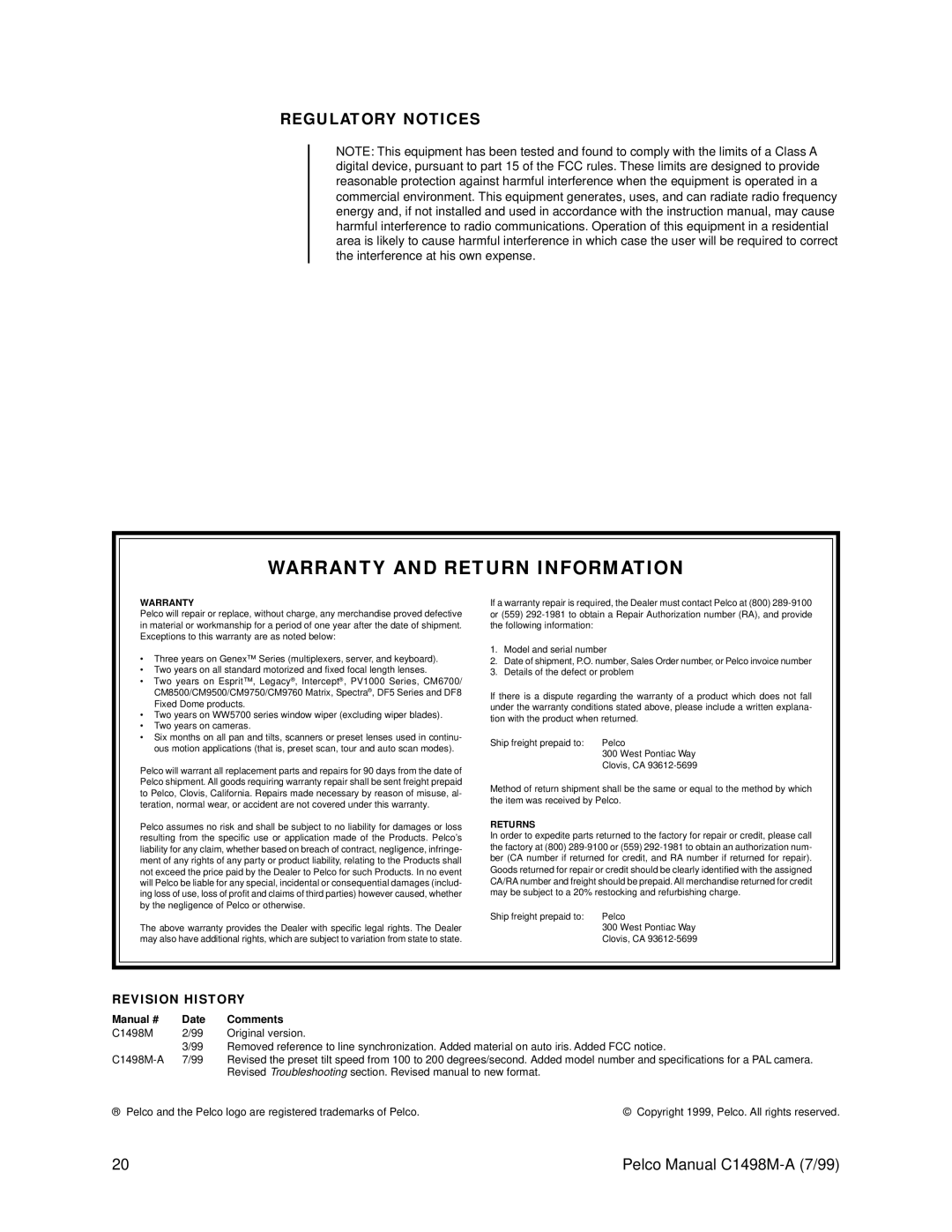 Pelco C1498M-A operation manual Warranty and Return Information, Regulatory Notices, Revision History 