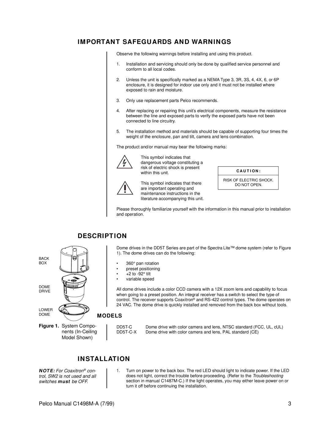 Pelco C1498M-A operation manual Important Safeguards and Warnings, Description, Installation, Models 