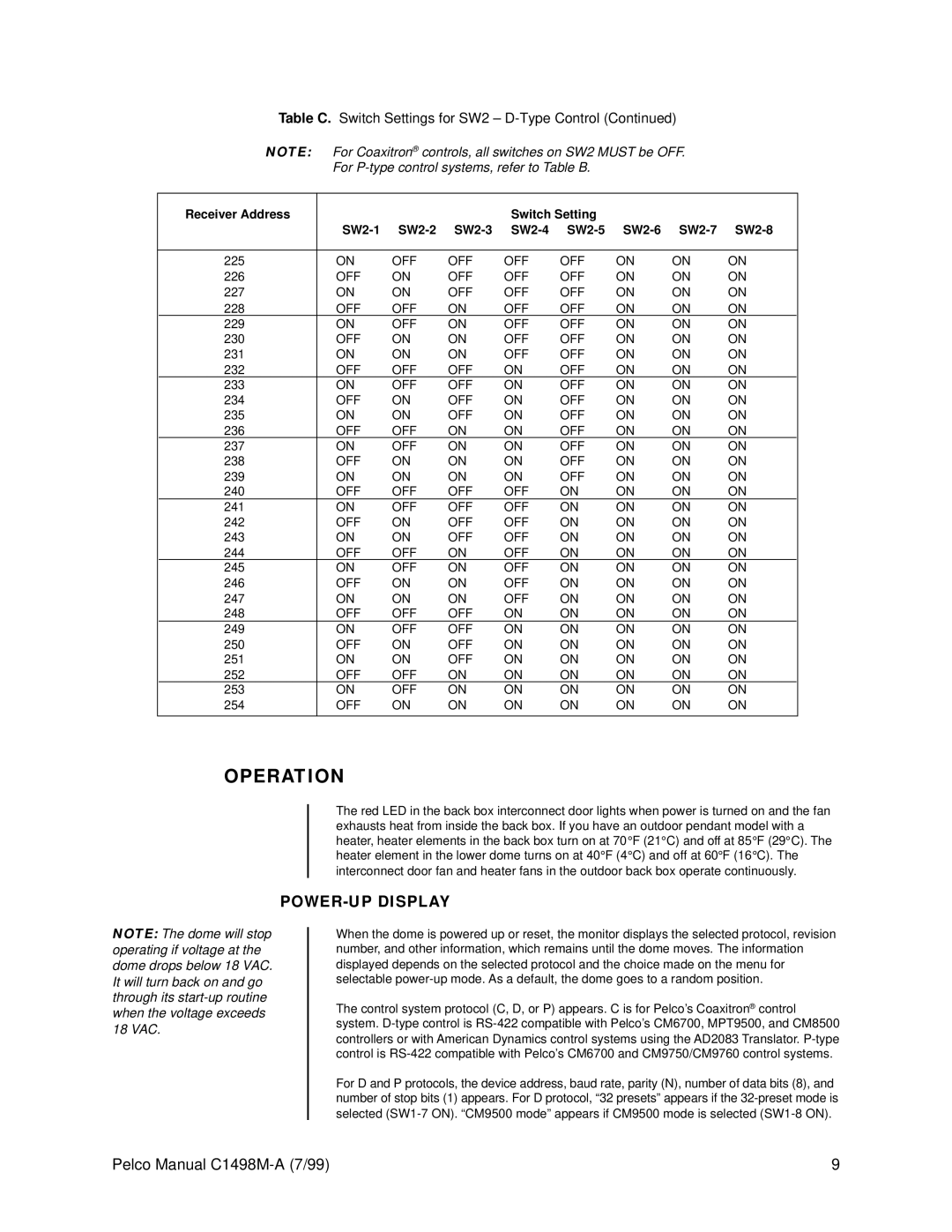 Pelco C1498M-A operation manual Operation, POWER-UP Display 