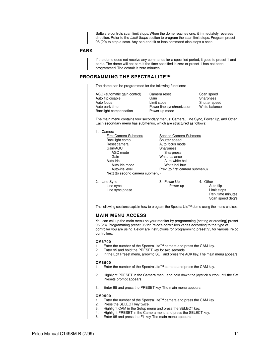 Pelco C1498M-B operation manual Park, Programming the Spectra Lite, Main Menu Access 