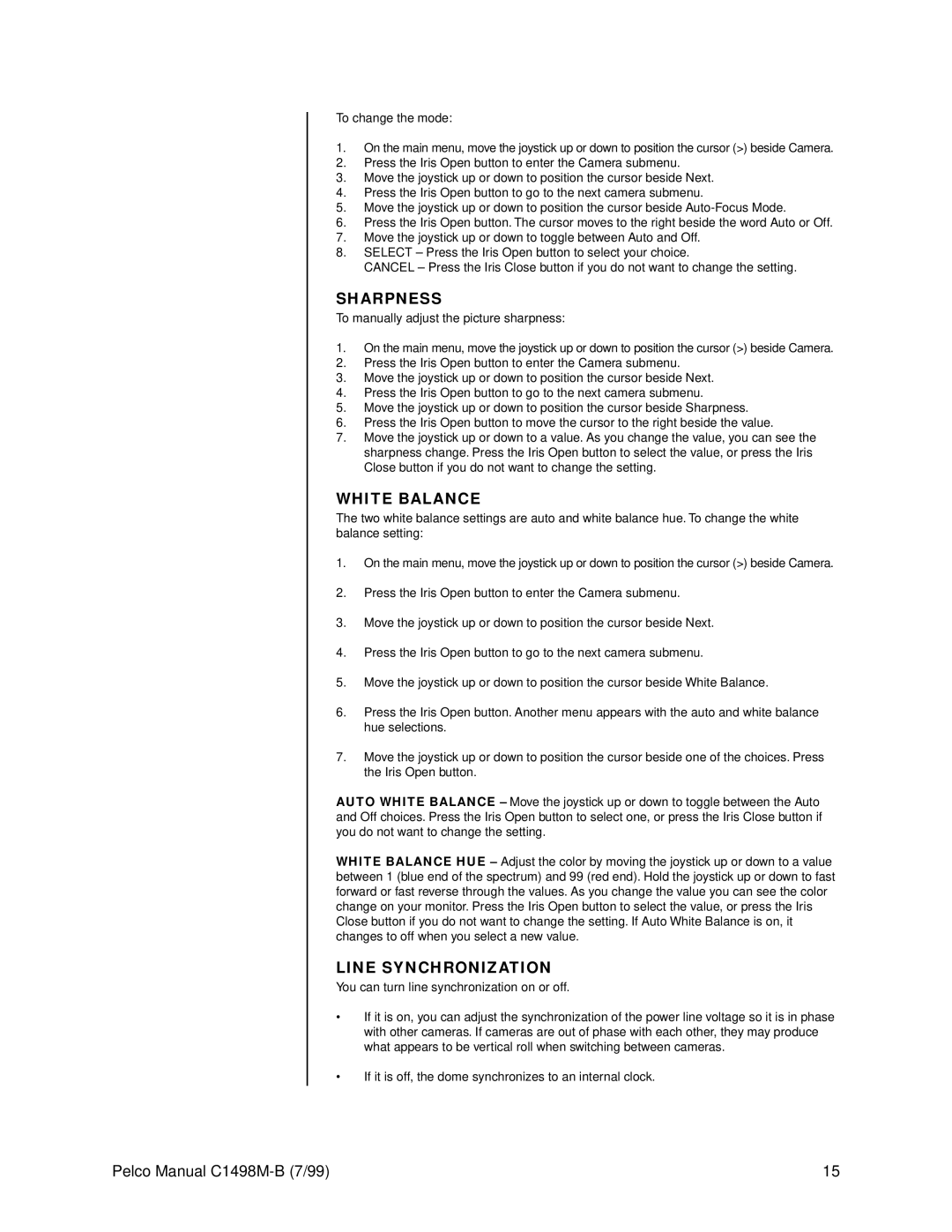 Pelco C1498M-B operation manual Sharpness, White Balance, Line Synchronization 