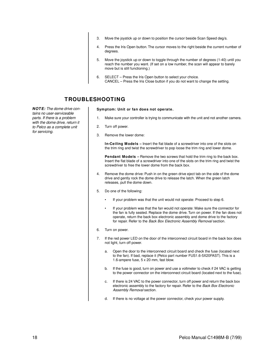 Pelco C1498M-B operation manual Troubleshooting, Symptom Unit or fan does not operate 