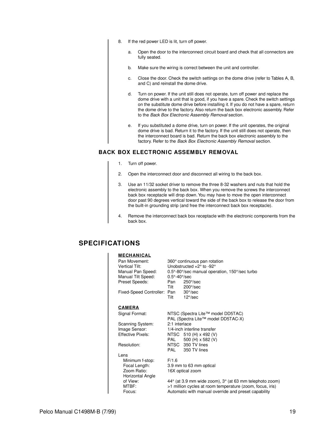 Pelco C1498M-B operation manual Specifications, Back BOX Electronic Assembly Removal 