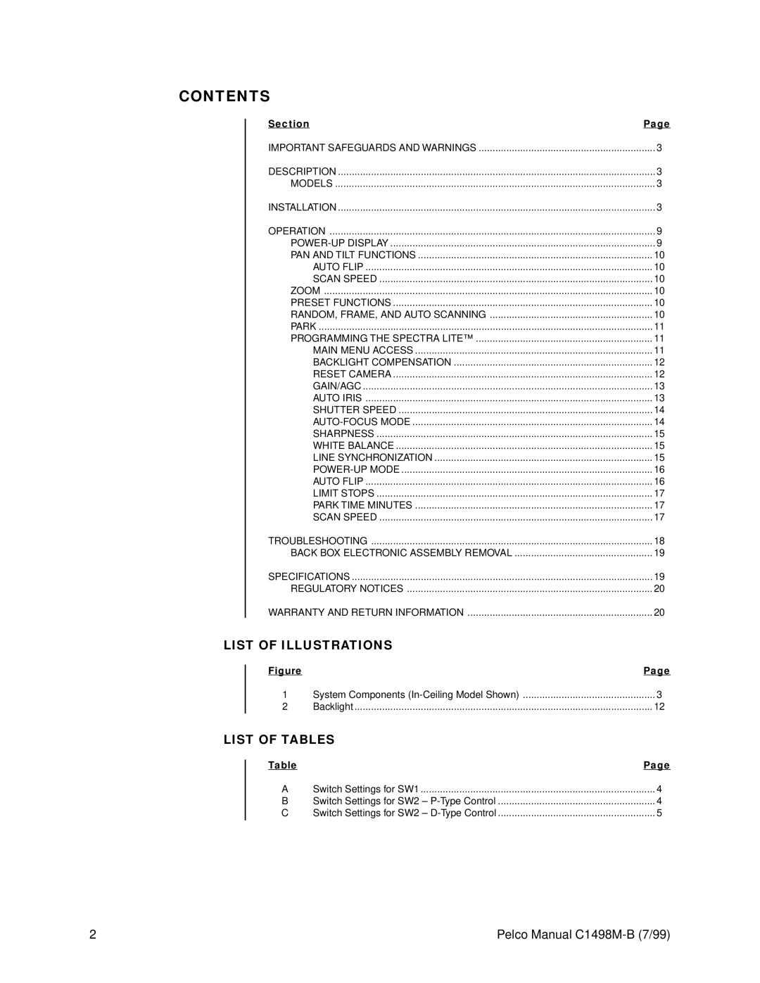 Pelco C1498M-B operation manual Contents 