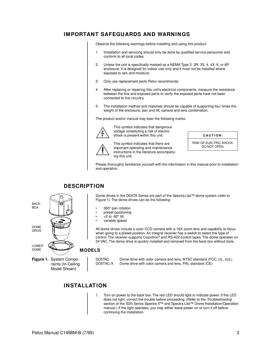 Pelco C1498M-B operation manual Important Safeguards and Warnings, Description, Installation, Models 