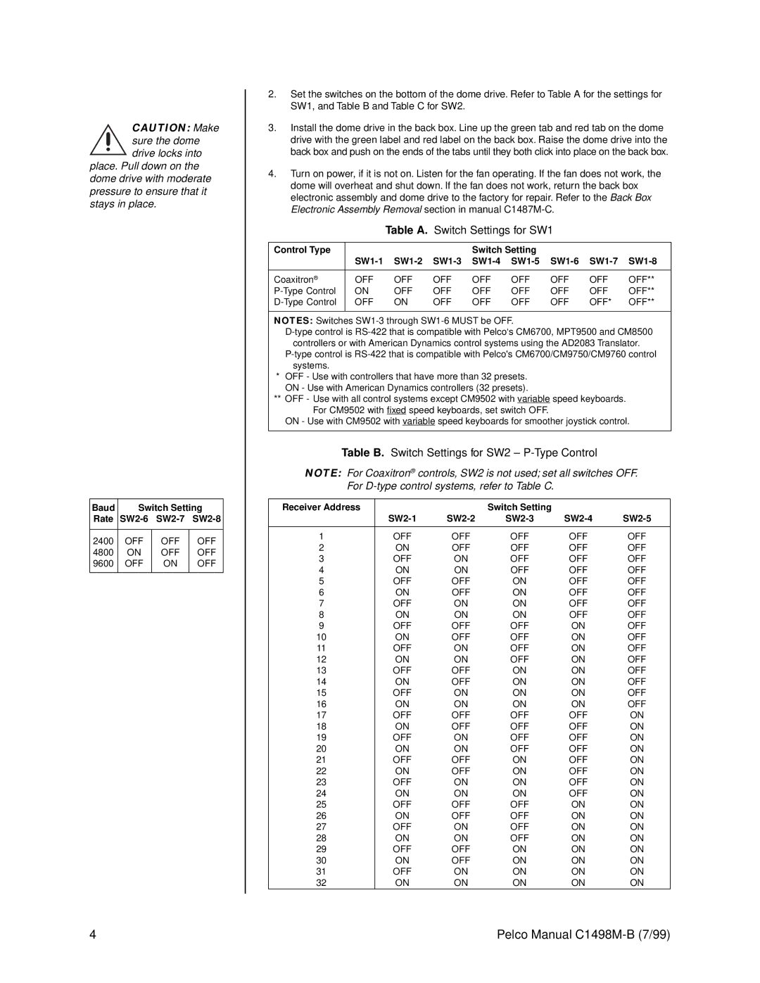 Pelco C1498M-B operation manual Table B. Switch Settings for SW2 P-Type Control 