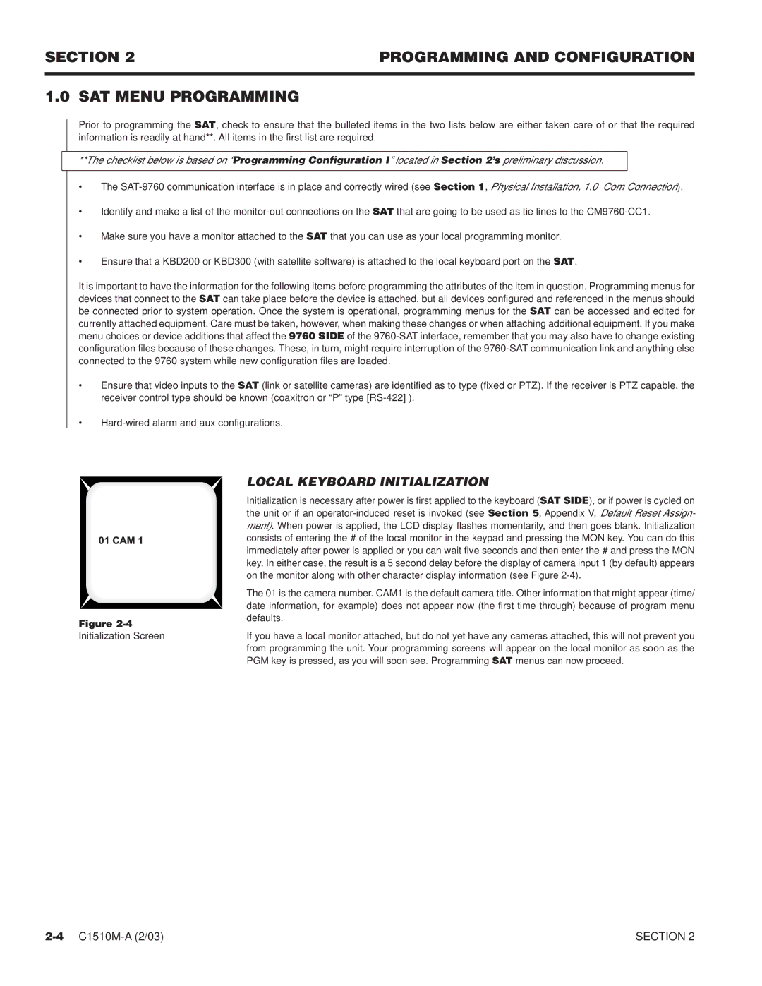 Pelco C538M, C1501M, C1503M, C544M Section Programming and Configuration SAT Menu Programming, Local Keyboard Initialization 