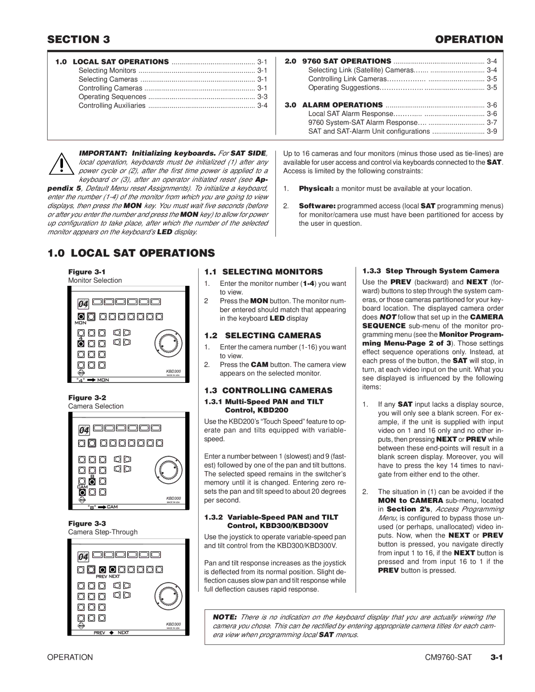 Pelco C539M-A, C1501M Section Operation, Local SAT Operations, Selecting Monitors, Selecting Cameras, Controlling Cameras 