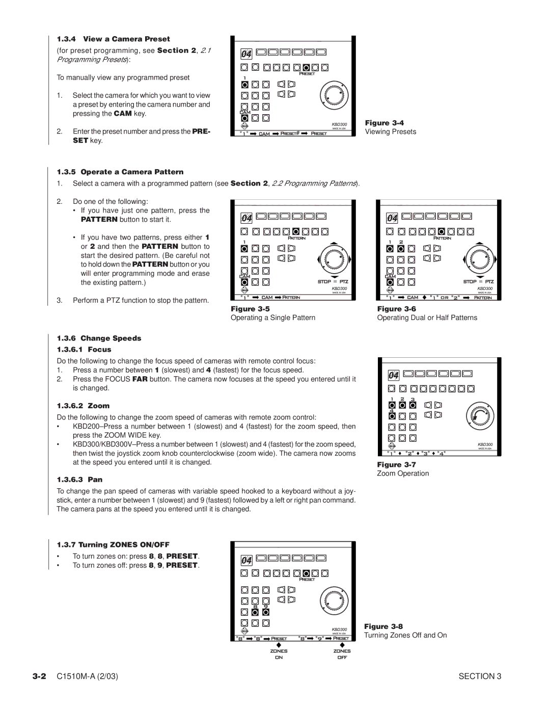 Pelco C572M, C1501M, C1503M manual View a Camera Preset, Operate a Camera Pattern, Change Speeds 1.3.6.1 Focus, Zoom, 6.3 Pan 