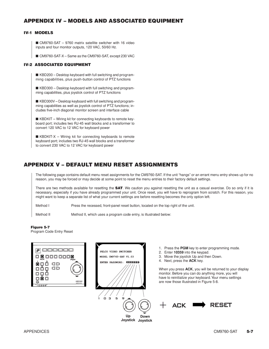 Pelco C1503M, C1501M Appendix IV Models and Associated Equipment, Appendix V Default Menu Reset Assignments, IV-1 Models 