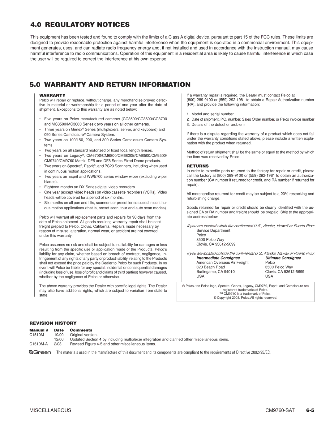 Pelco C543M-A, C1501M, C1503M, C549M-A, C542M-B, C538M, C541M-C, C573M-D manual Regulatory Notices Warranty and Return Information 