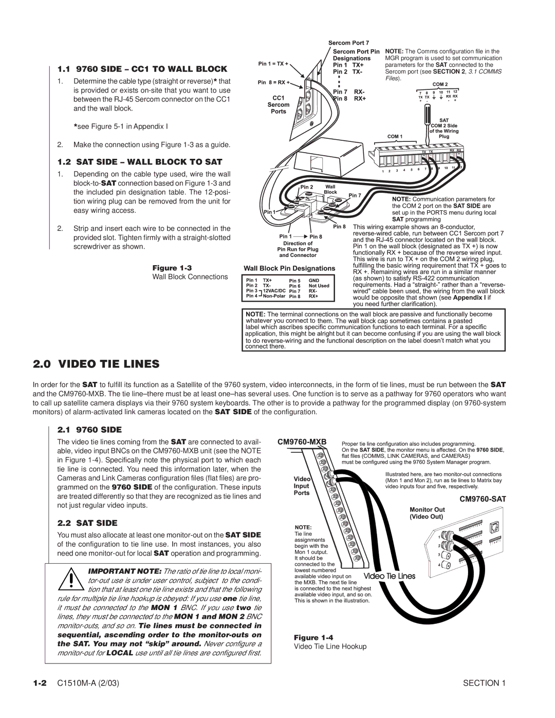 Pelco C543M-A, C1501M, C1503M, C549M-A, C542M-B, C538M Video TIE Lines, Side CC1 to Wall Block, SAT Side Wall Block to SAT 