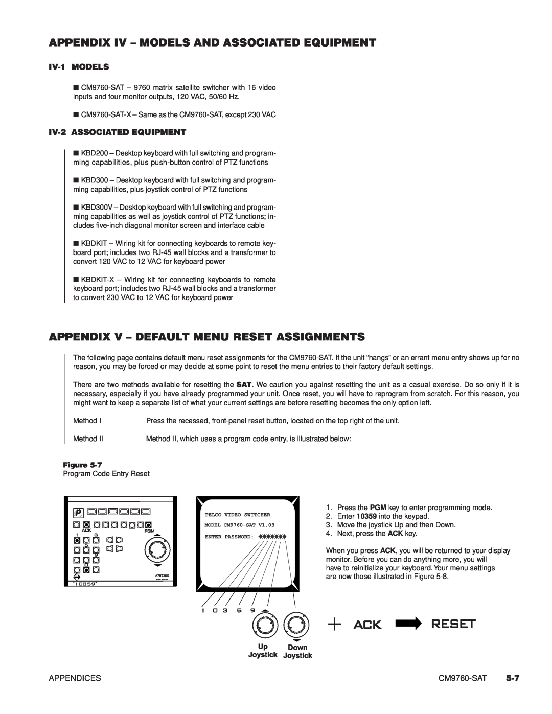 Pelco C1503M, C538M Appendix Iv - Models And Associated Equipment, Appendix V – Default Menu Reset Assignments, IV-1MODELS 