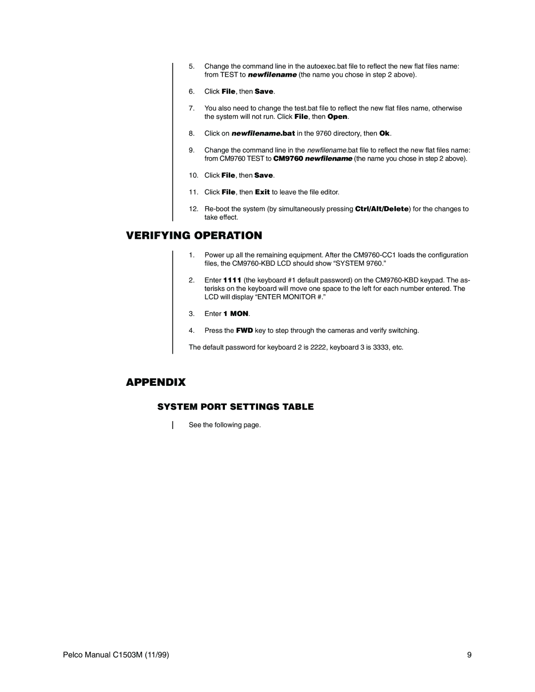 Pelco C540M-B, C1501M, C549M-A, C542M-B, C541M-C, C573M-D, C544M manual Verifying Operation, Appendix, System Port Settings Table 