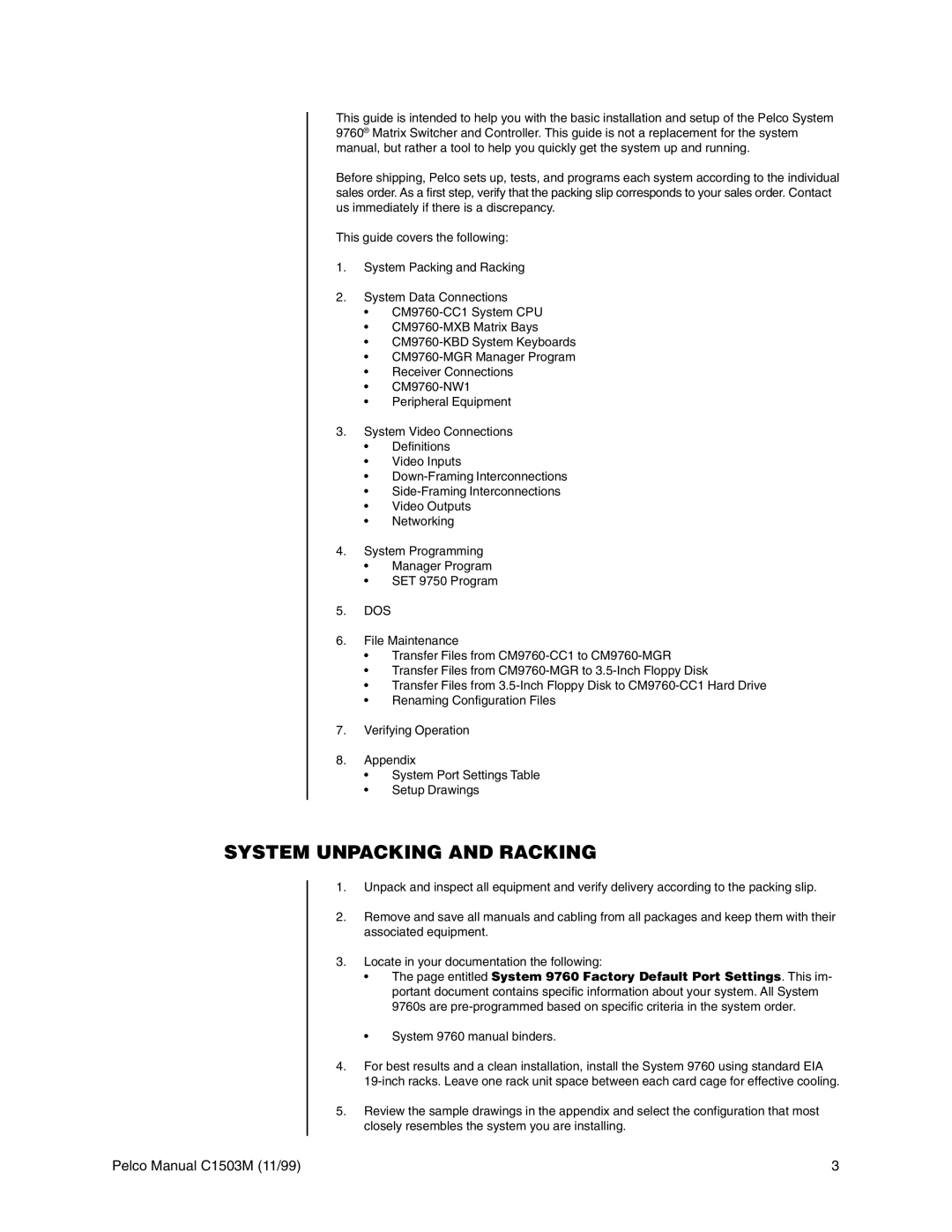 Pelco C573M-D, C1501M, C549M-A, C542M-B, C541M-C, C544M, C579M, C543M-A System Unpacking and Racking, Pelco Manual C1503M 11/99 