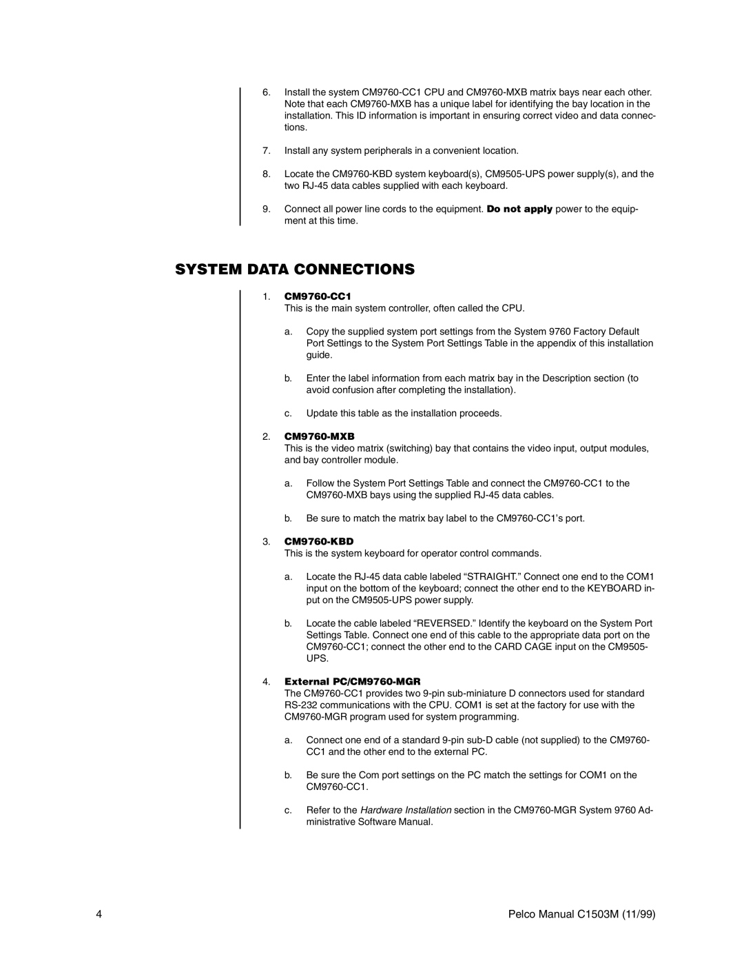 Pelco C544M, C1501M, C549M-A, C542M-B System Data Connections, CM9760-CC1, CM9760-MXB, CM9760-KBD, External PC/CM9760-MGR 