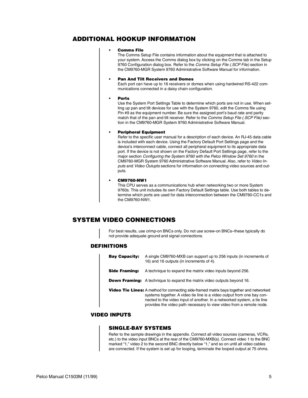 Pelco C579M, C1501M Additional Hookup Information, System Video Connections, Definitions, Video Inputs SINGLE-BAY Systems 
