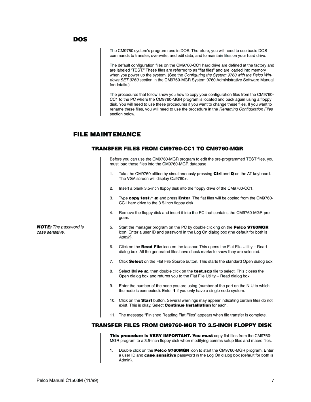 Pelco C539M-A, C1501M, C549M-A, C542M-B, C541M-C, C573M-D Dos, File Maintenance, Transfer Files from CM9760-CC1 to CM9760-MGR 