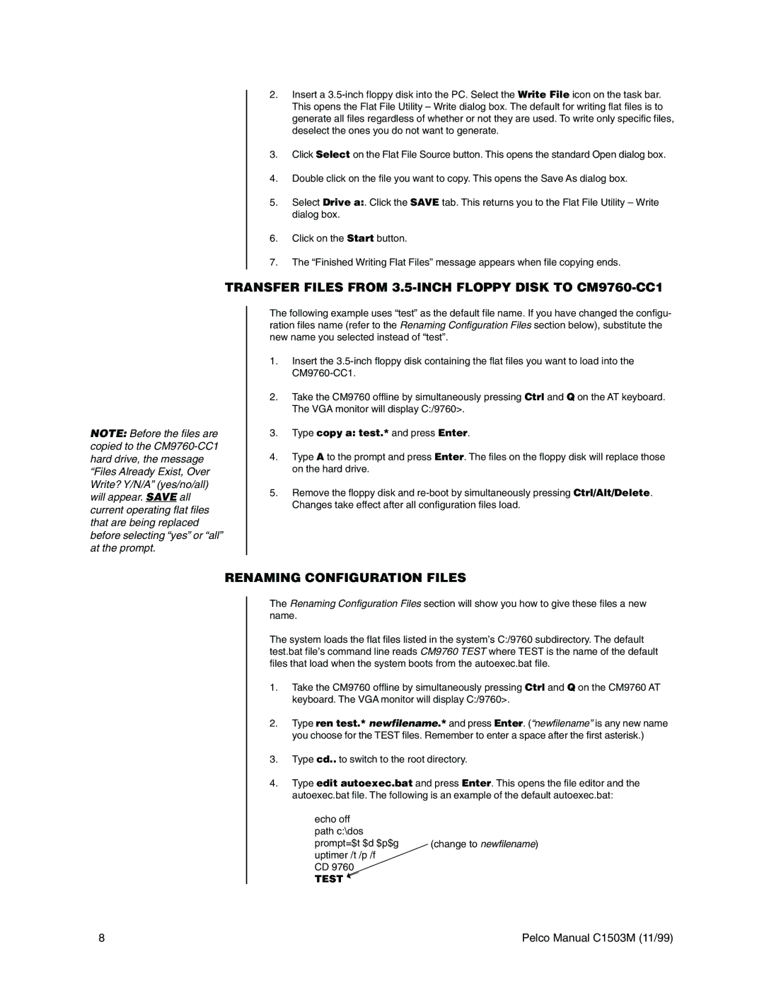 Pelco C572M, C1501M, C549M-A, C542M-B Transfer Files from 3.5-INCH Floppy Disk to CM9760-CC1, Renaming Configuration Files 
