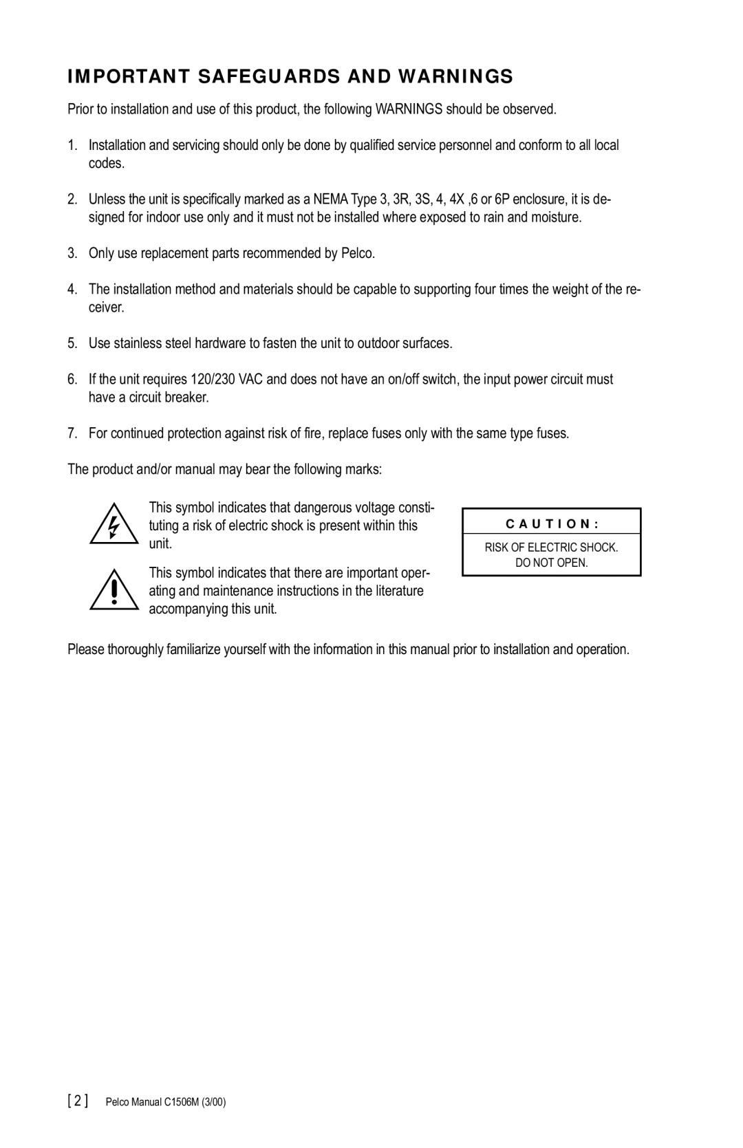 Pelco C1506M manual Important Safeguards and Warnings 