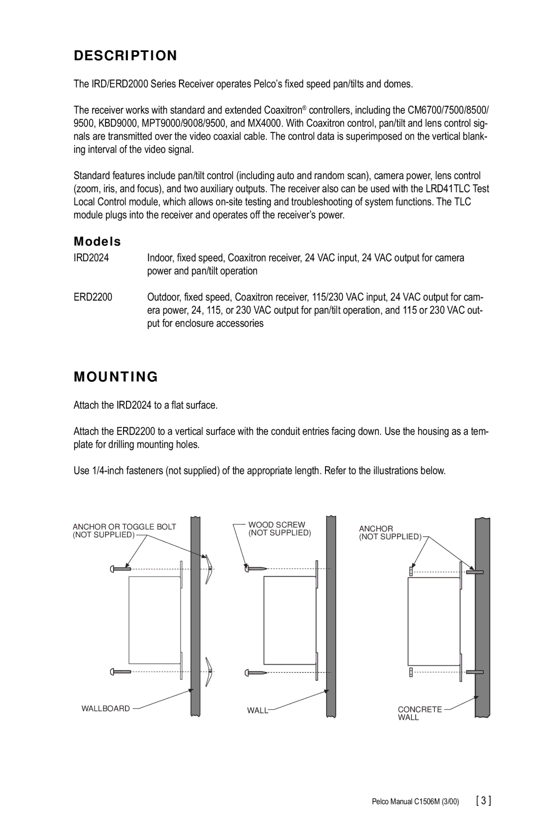 Pelco C1506M manual Description, Mounting, Models 