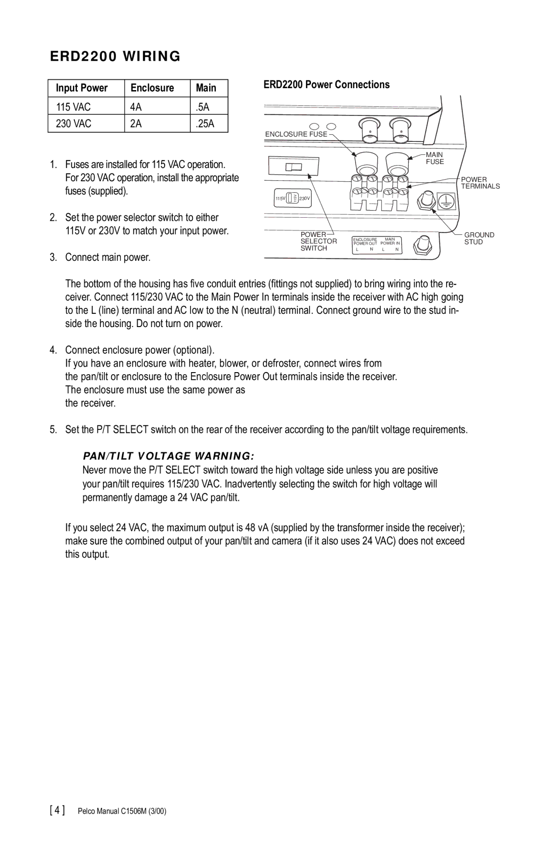 Pelco C1506M manual ERD2200 Wiring, Connect main power 