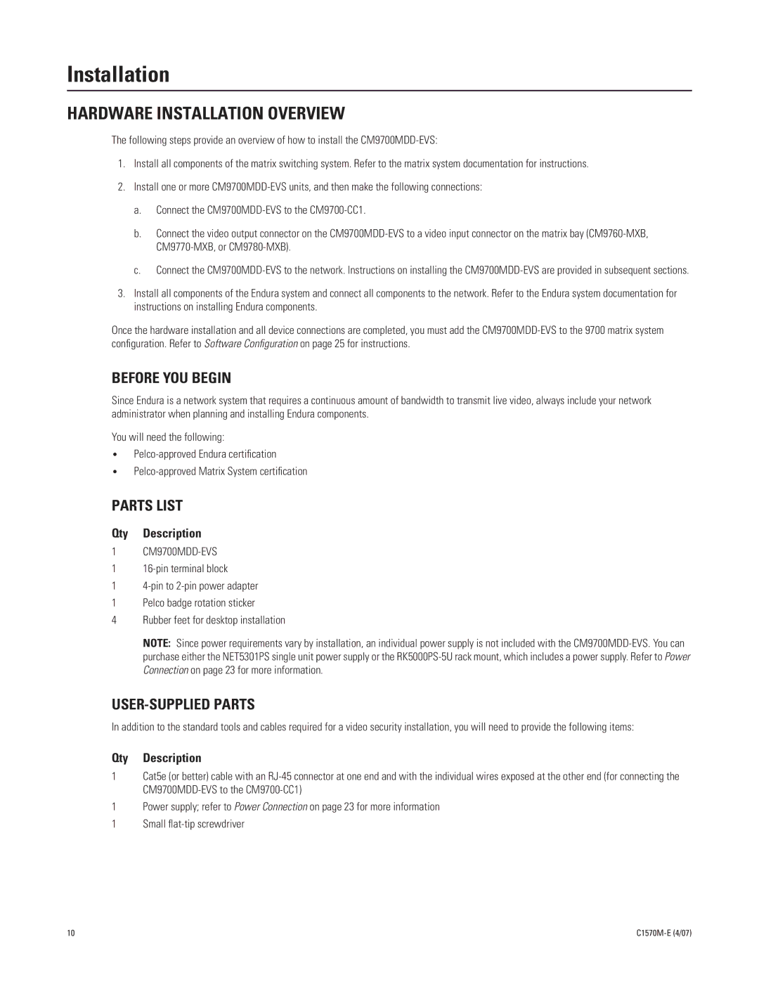 Pelco C1570M-E (4/07) manual Hardware Installation Overview, Before YOU Begin, Parts List, USER-SUPPLIED Parts 