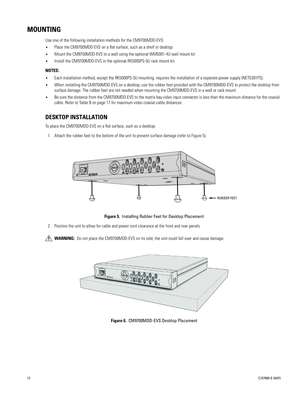 Pelco C1570M-E (4/07) manual Mounting, Desktop Installation 