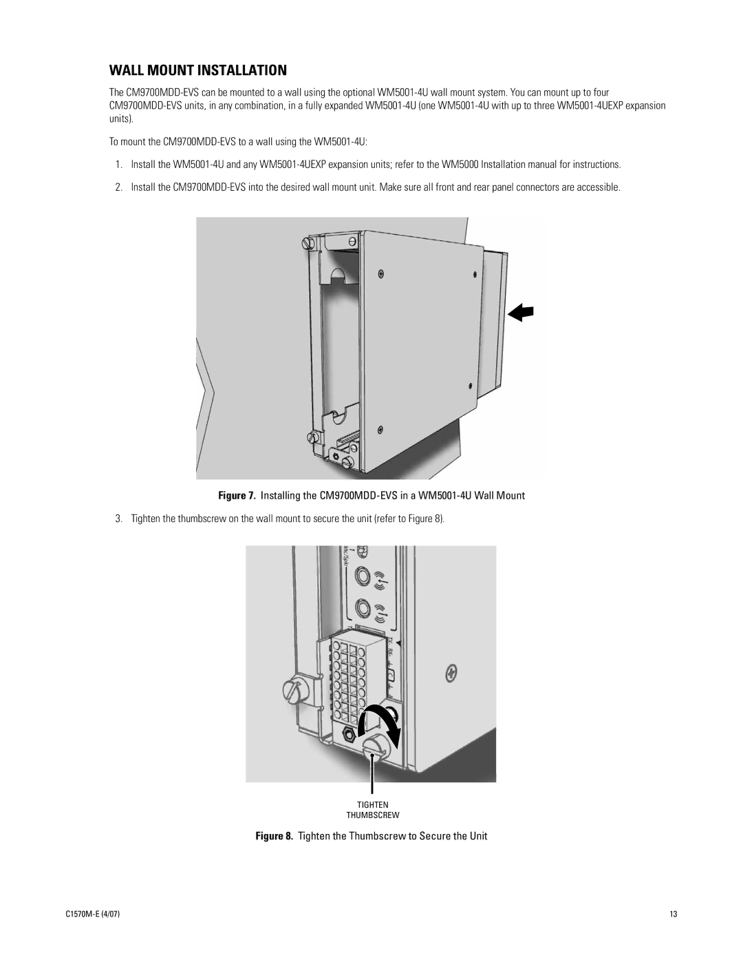 Pelco C1570M-E (4/07) manual Wall Mount Installation, Tighten the Thumbscrew to Secure the Unit 