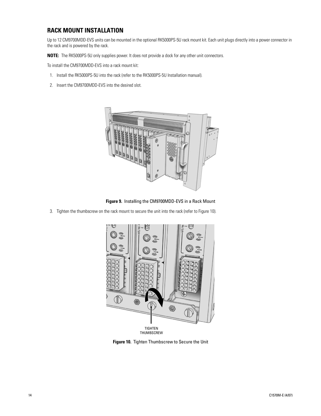 Pelco C1570M-E (4/07) manual Rack Mount Installation, Tighten Thumbscrew to Secure the Unit 