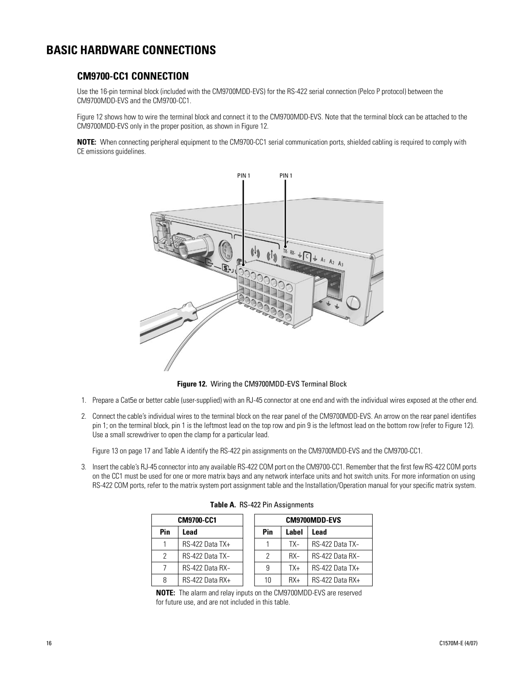 Pelco C1570M-E (4/07) manual Basic Hardware Connections, CM9700-CC1 Connection, CM9700-CC1 Pin Lead, Pin Label Lead 