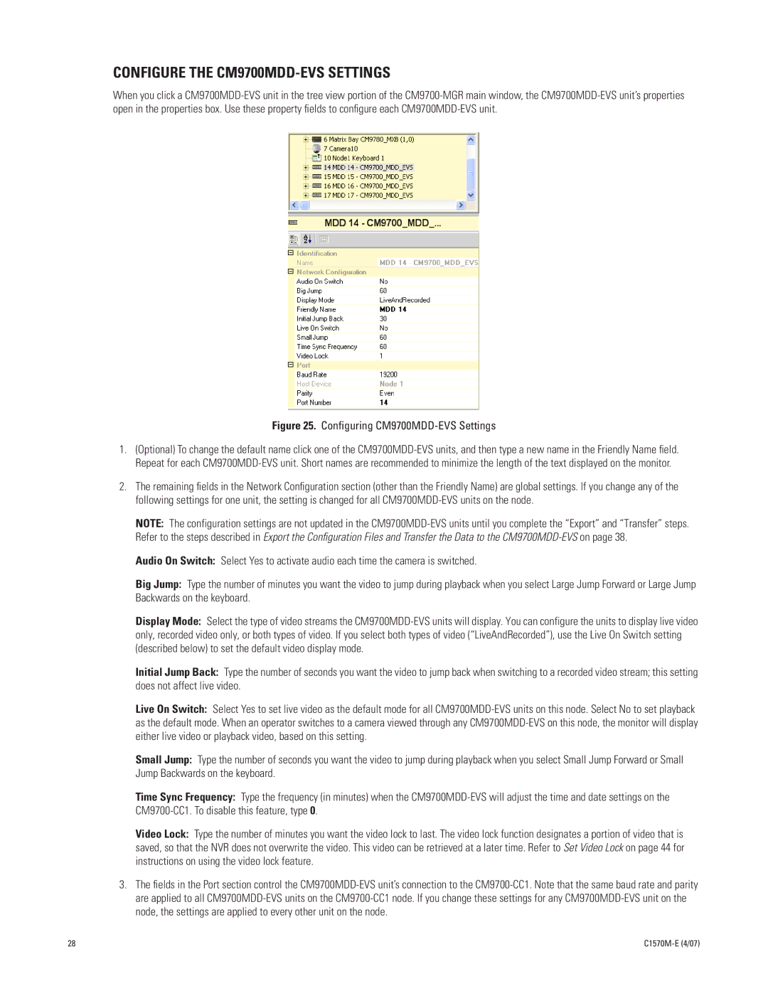 Pelco C1570M-E (4/07) manual Configure the CM9700MDD-EVS Settings, Conﬁguring CM9700MDD-EVS Settings 